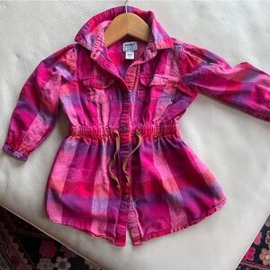 4/$20💥Plaid Flannel Shirt Dress, Button Front, Waist Tie, Magenta Pink Purple